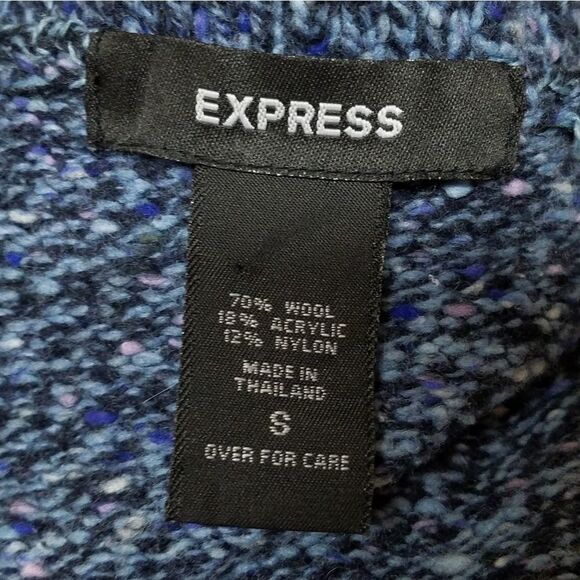 Express Vintage 90s Blue Wool Speckled Knit Flare Sleeve Turtleneck Sweater S - Picture 9 of 9